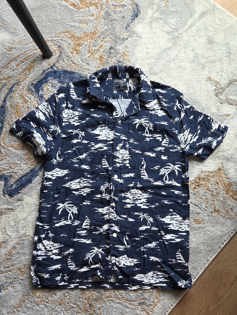 Abercrombie & Fitch Navy and White Tropical Print Button-Down Shirt
